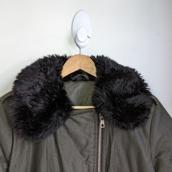 Topshop Green & Black Faux Fur Collar Oversized Zipper Front Bomber Jacket Sz 4 - Picture 3 of 14